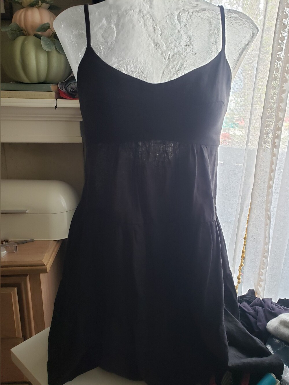 100% Linen Black Spaghetti Strap Slip Short Dress